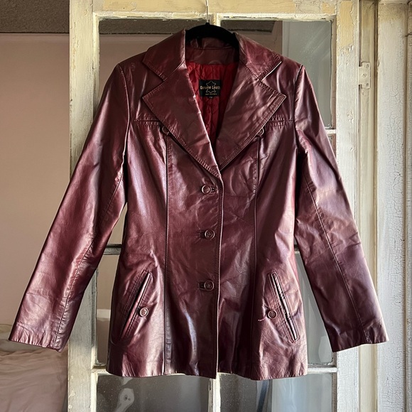 Genuine Leather Maroon Collared Long Sleeve Button Down Leather Blazer Jacket - Picture 1 of 5